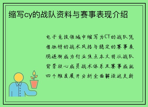 缩写cy的战队资料与赛事表现介绍