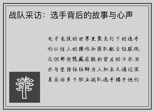 战队采访：选手背后的故事与心声